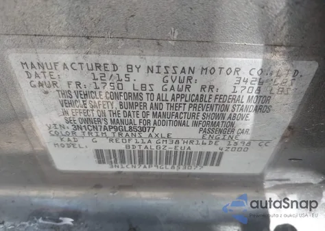 2016 Nissan Versa 1.6 S/1.6 S+/1.6 Sl/1.6 Sv из США, поврежденный, VIN 3N1CN7AP9GL853077